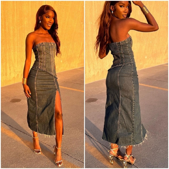 Zara  denim * strapless midi dress slit size XS - Picture 6 of 12